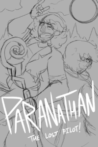A sketched cover for the "ParaNathan: The Lost Pilot" bonus episode. A younger, 20-something Nathan and Wilbur stand back to back in a forest at night.